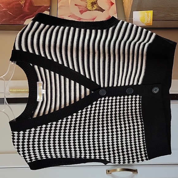 Sugar Moon Tops - Sugar Moon V-Neck Button Closure Black and White Crop Striped Sweater Vest